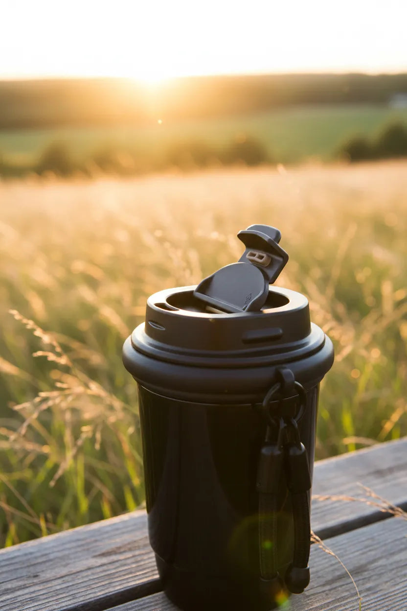 Black mini coffee mug with flip lid open and wrist strap on a wooden bench at golden hour.
