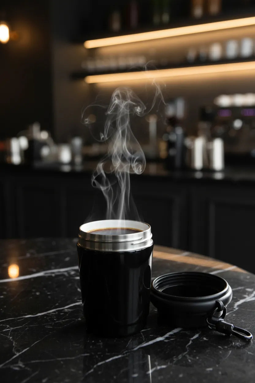 Steam rising from a black mini coffee mug in a café; lid and strap resting on a marble counter.