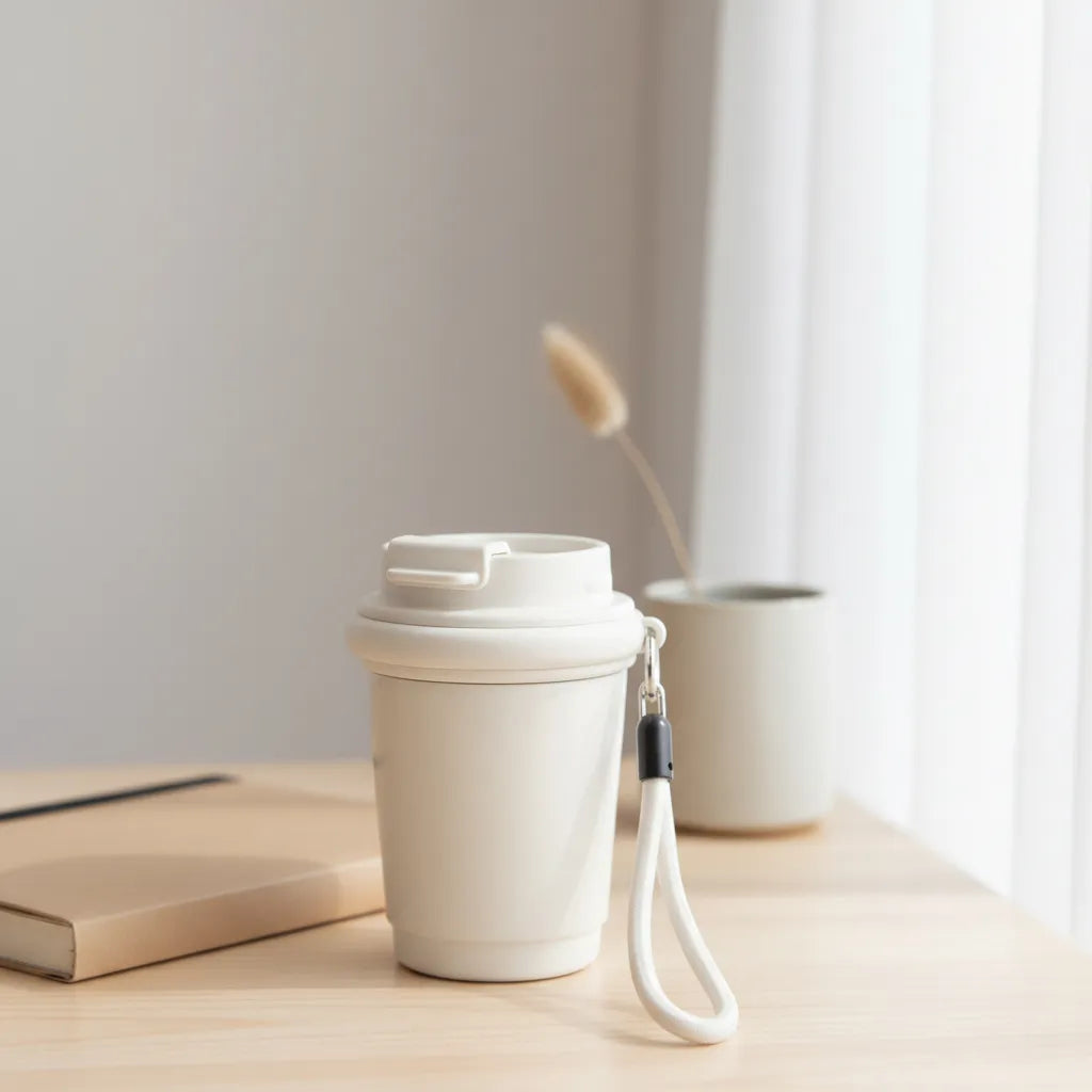 Ivory mini coffee mug with a white wrist lanyard on a light-wood desk near soft curtains—calm, minimalist home setting with neutral decor.