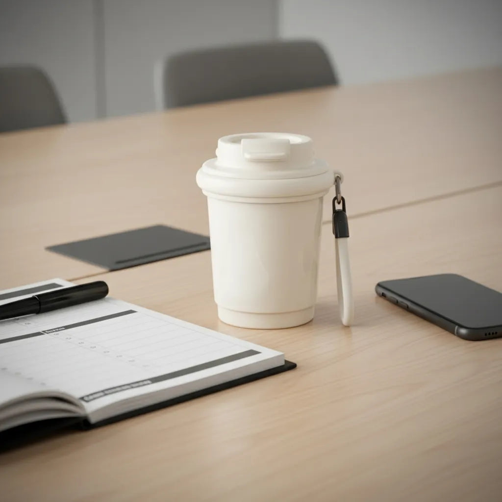 Ivory mini coffee mug with wrist strap on a tidy office desk beside planner, pen and smartphone.