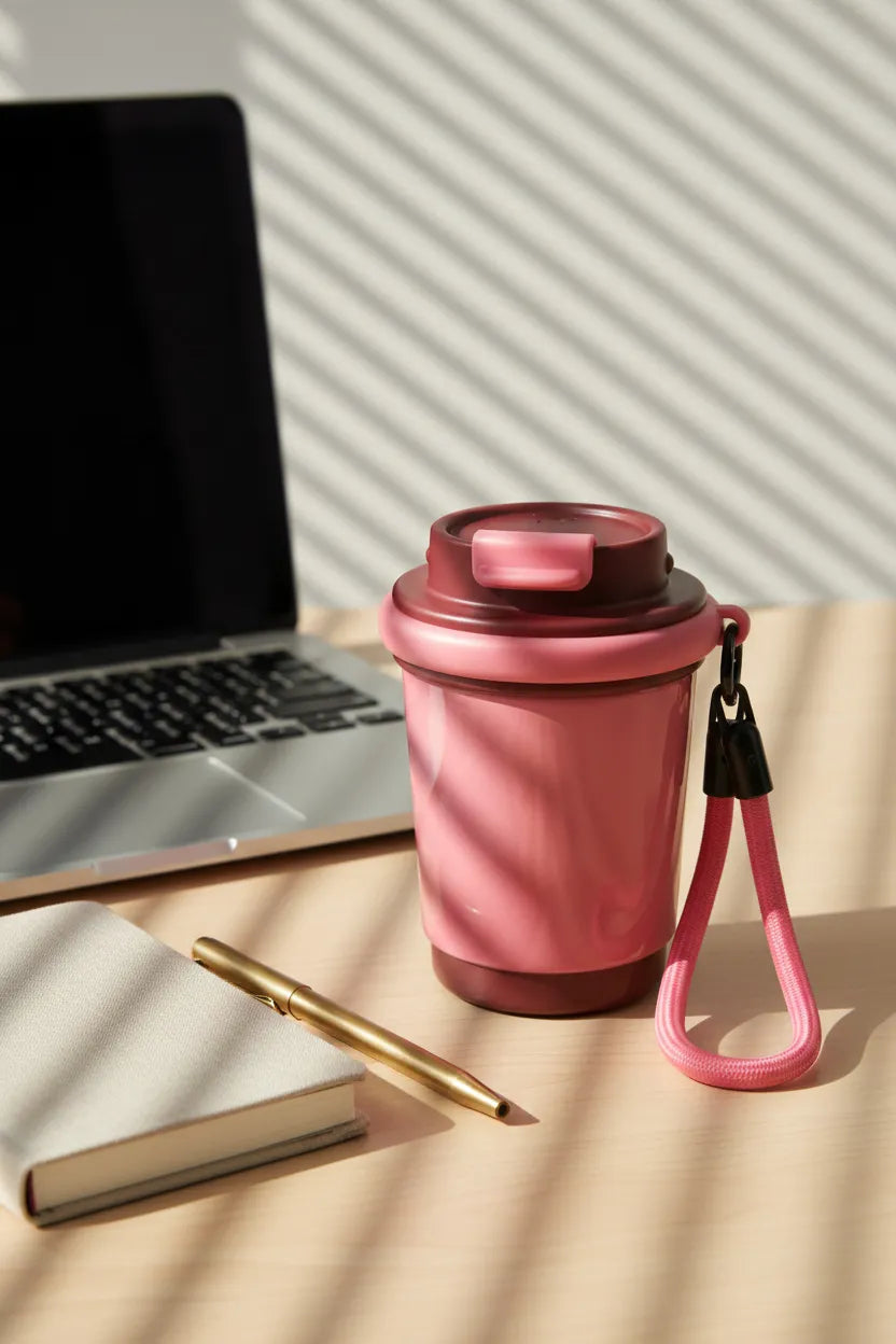 Rose-pink mini coffee mug with a burgundy lid and matching pink lanyard on a work desk next to a laptop, notebook, and gold pen under window-blind light.
