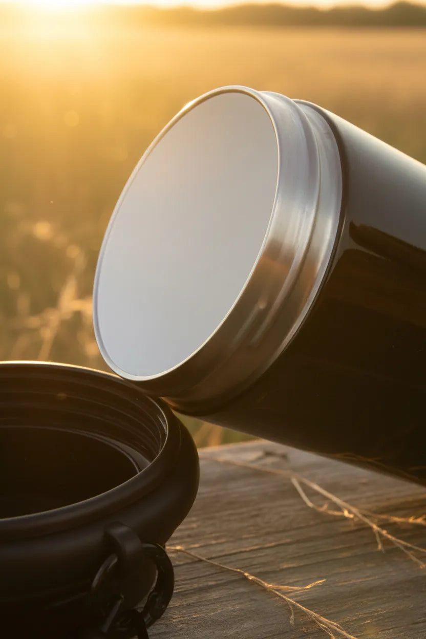 Open black mini coffee mug with wide mouth and stainless-steel rim on a wooden bench at sunset.