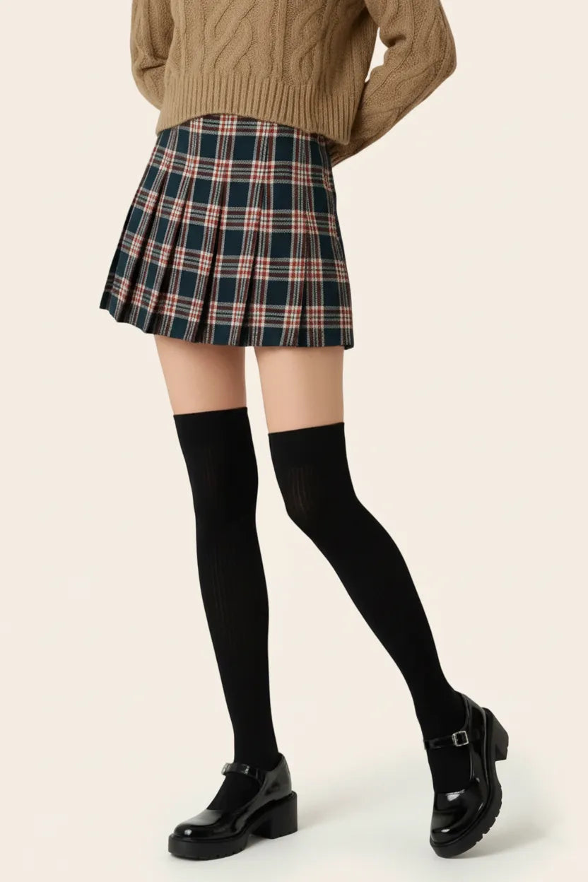 Jet black ribbed thigh-high socks for women with plaid mini skirt and Mary Jane shoes.