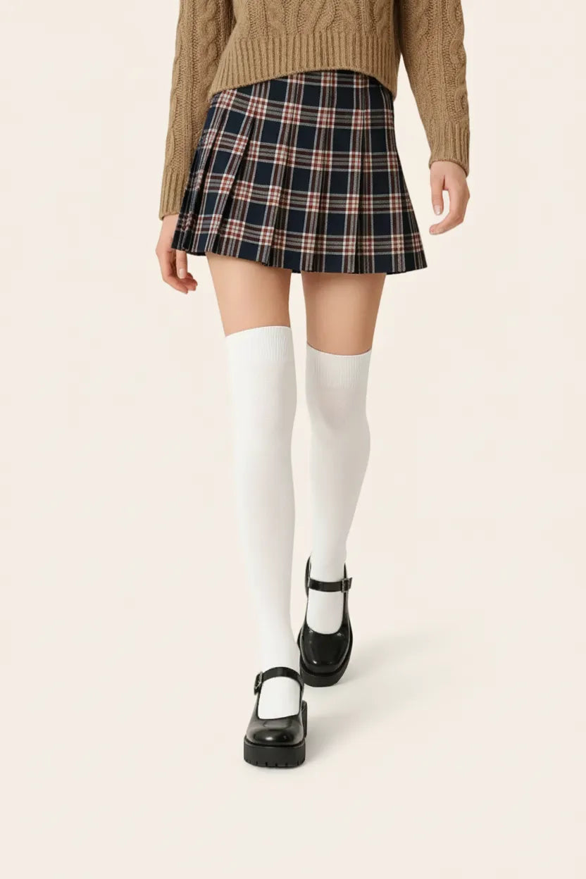 Pure white over-the-knee ribbed socks for women, school-girl plaid skirt styling.
