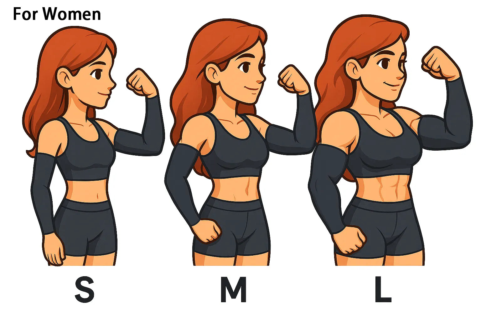Women’s size guide illustration showing three red-haired female athletes in black sportswear and arm sleeves, flexing biceps in side profile, labeled S, M, and L on a white background.