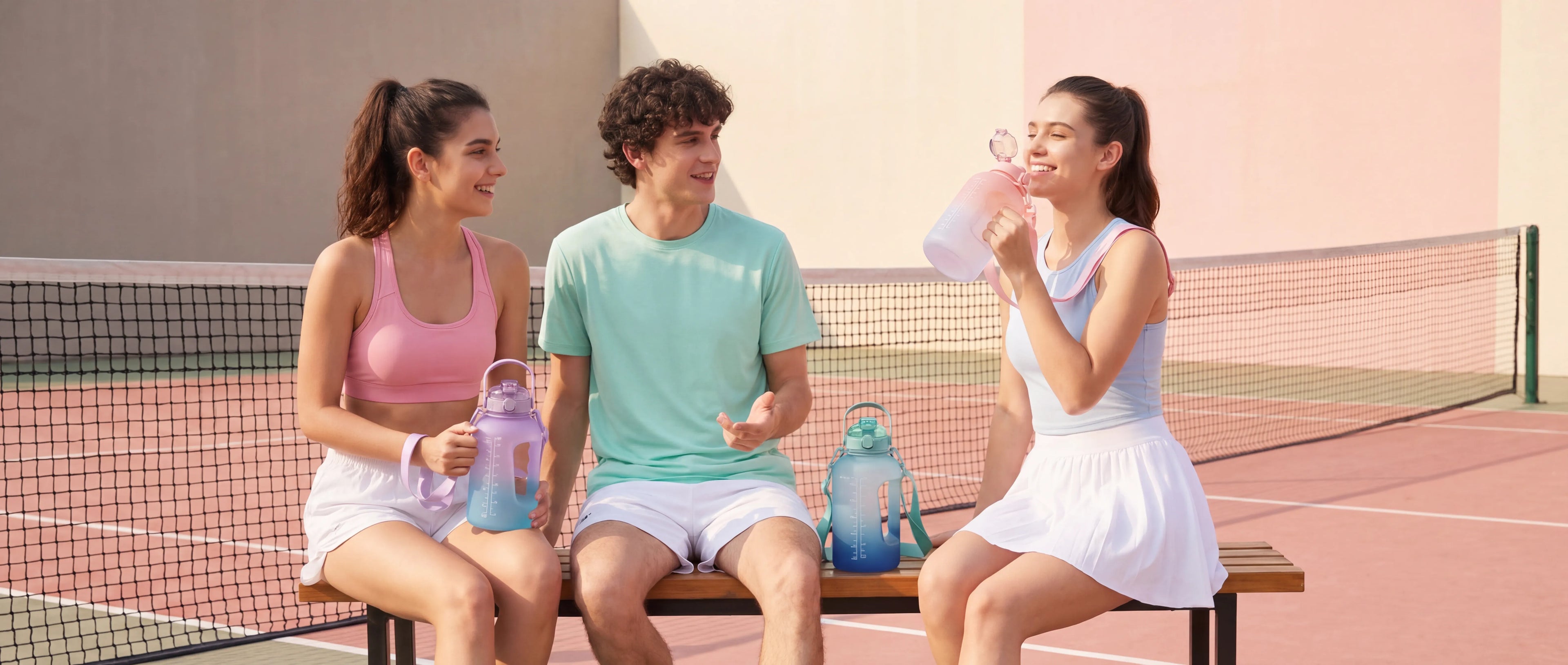 Active friends using Sportive Lives sports water bottles during a tennis break for outdoor hydration.