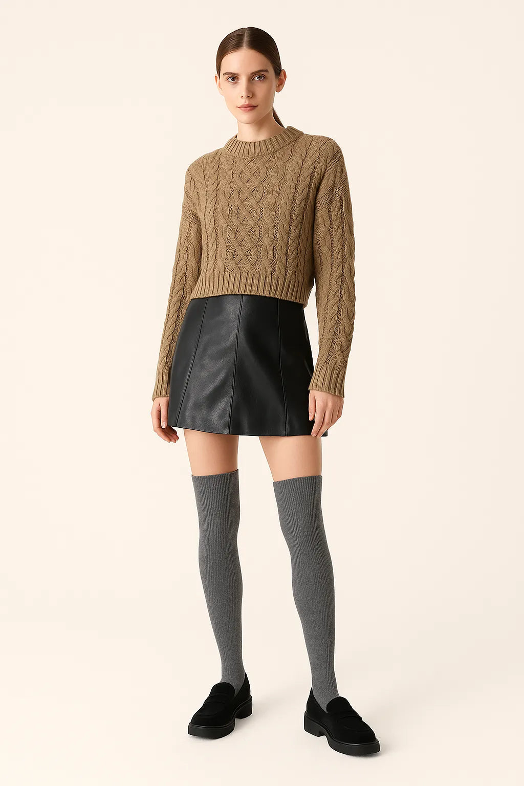 Model wearing dark grey ribbed over-the-knee socks with black leather skirt