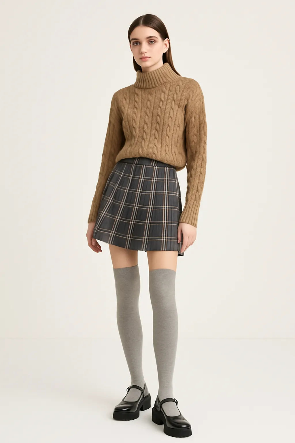 Woman wearing light grey over-the-knee socks with plaid skirt and brown sweater