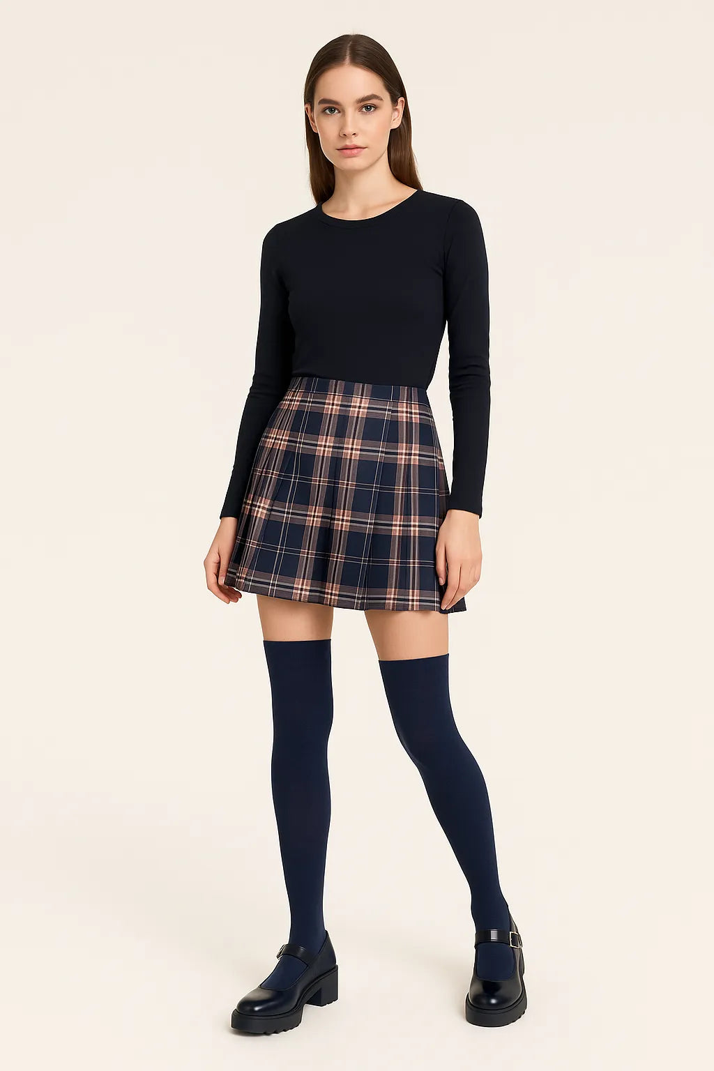 Navy thigh-high socks with plaid mini skirt and dark navy top