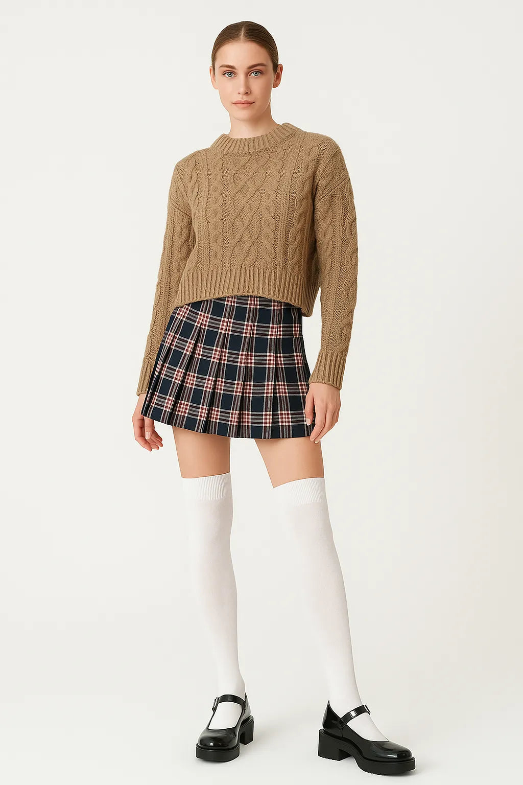 White over-the-knee socks styled with beige sweater and pleated skirt