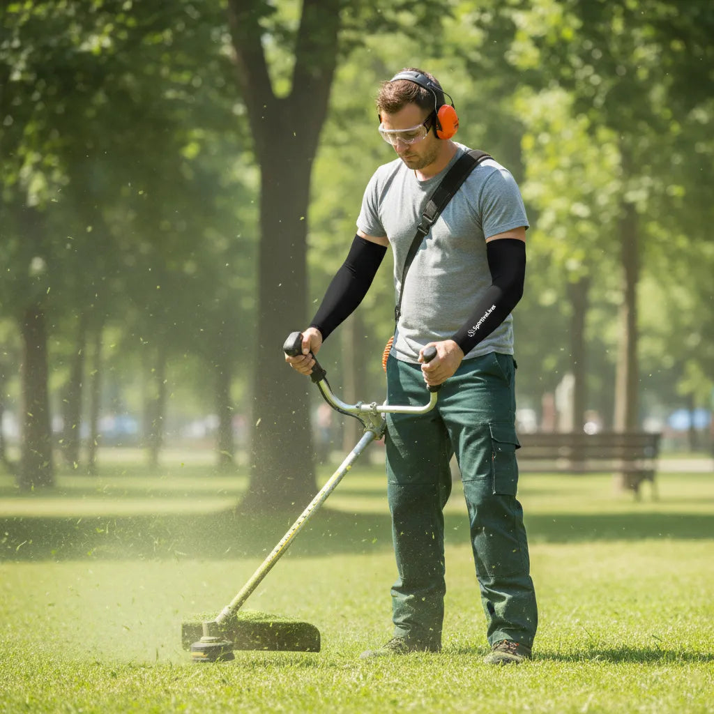 Landscaping worker wearing black UPF 50+ arm sleeves for lawn care sun protection and abrasion guard.