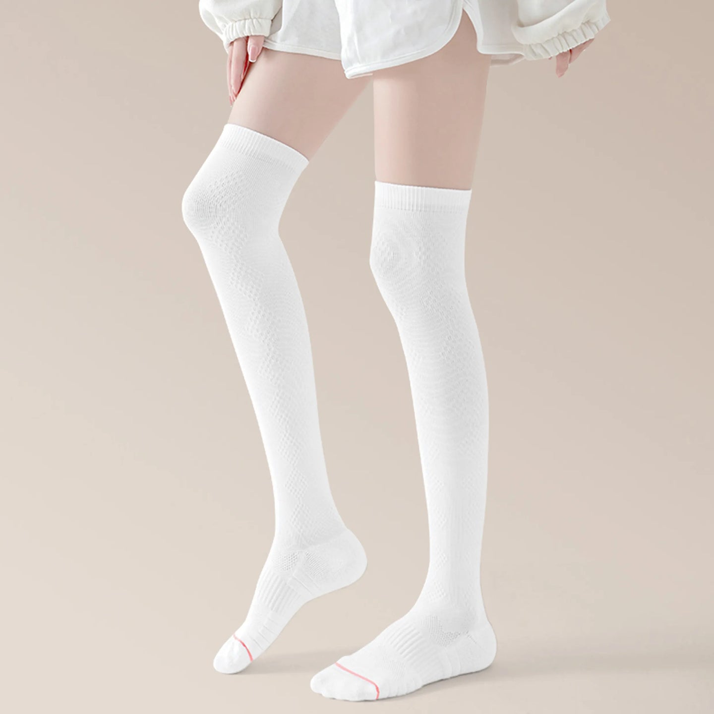 White Slim Over-the-Knee Compression Socks with Mesh Ventilation – Circulation Booster