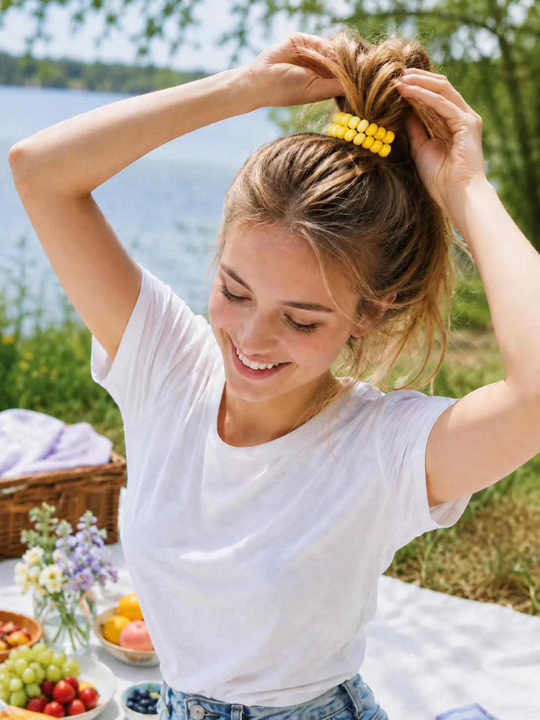 Woman styling a casual messy bun with a yellow Jelly Spiral Hair Tie during an outdoor lakeside picnic.