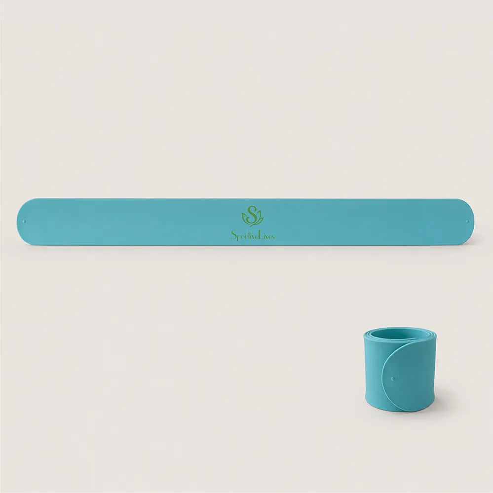 Aqua blue Yoga Mat Slap Band shown open and coiled for yoga mat storage and carrying