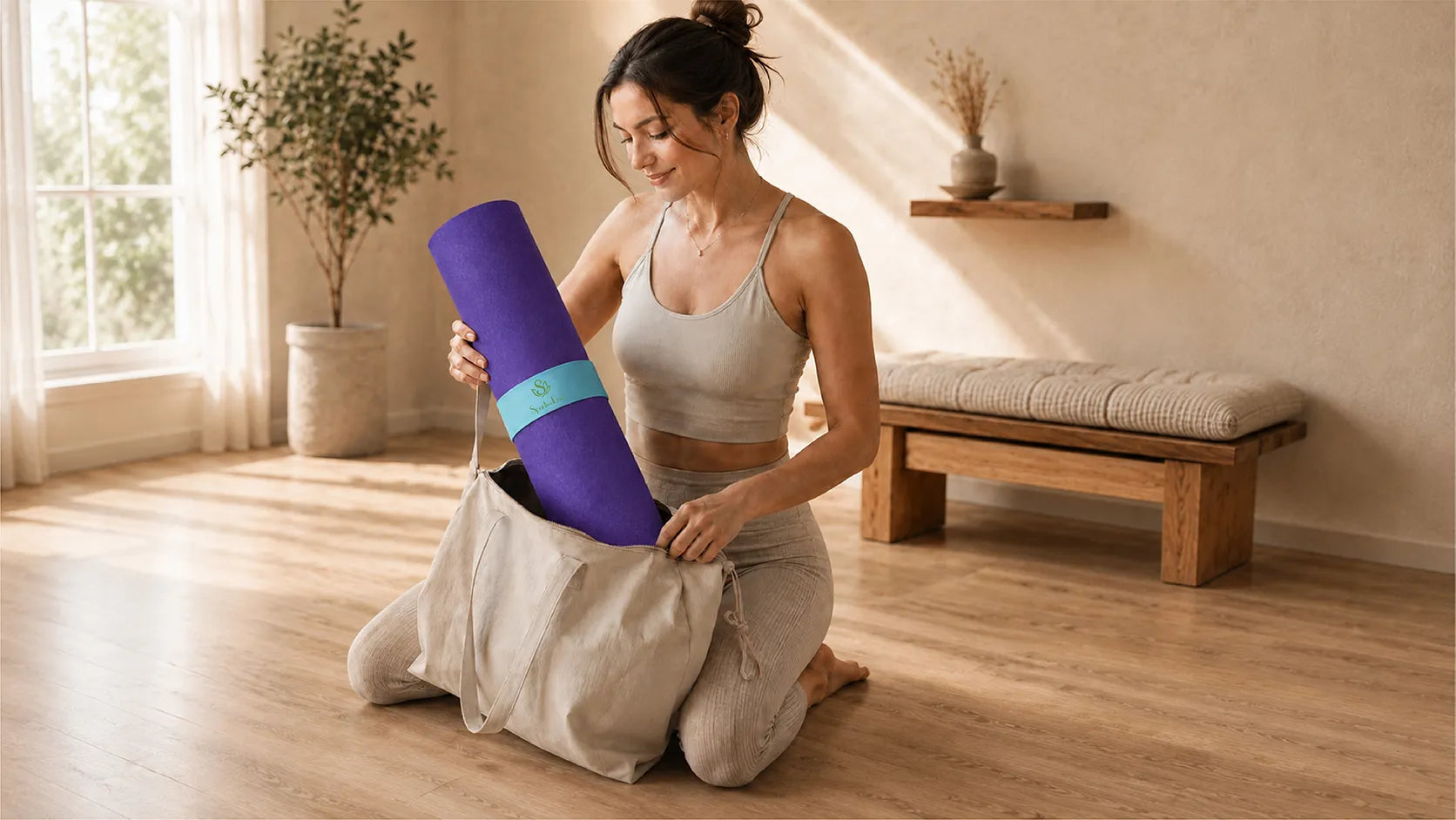 Woman placing a rolled yoga mat secured with an aqua slap band into a yoga bag