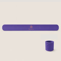 Purple Yoga Mat Slap Band shown flat and coiled for securing a rolled yoga mat