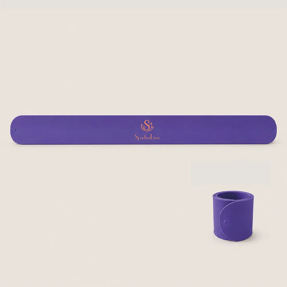 Purple Yoga Mat Slap Band shown flat and coiled for securing a rolled yoga mat